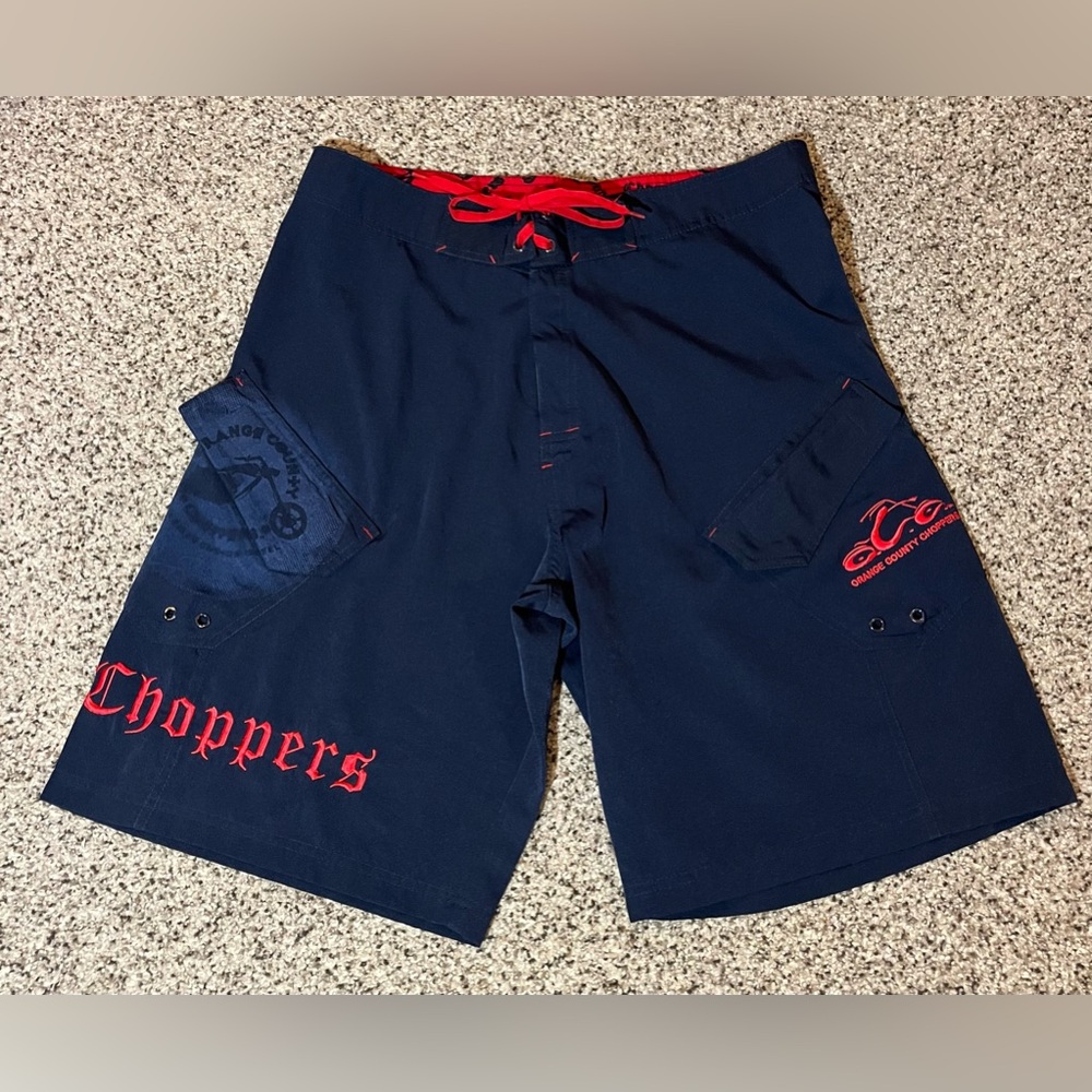 Orange County Choppers Navy Red Swim Trunks Board Shorts Embroidered Pockets 34